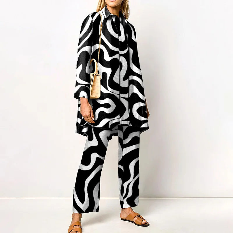 Two Piece Set – Loose Vintage Printed – Synthetic Fiber – Wide Leg | KIMLUD