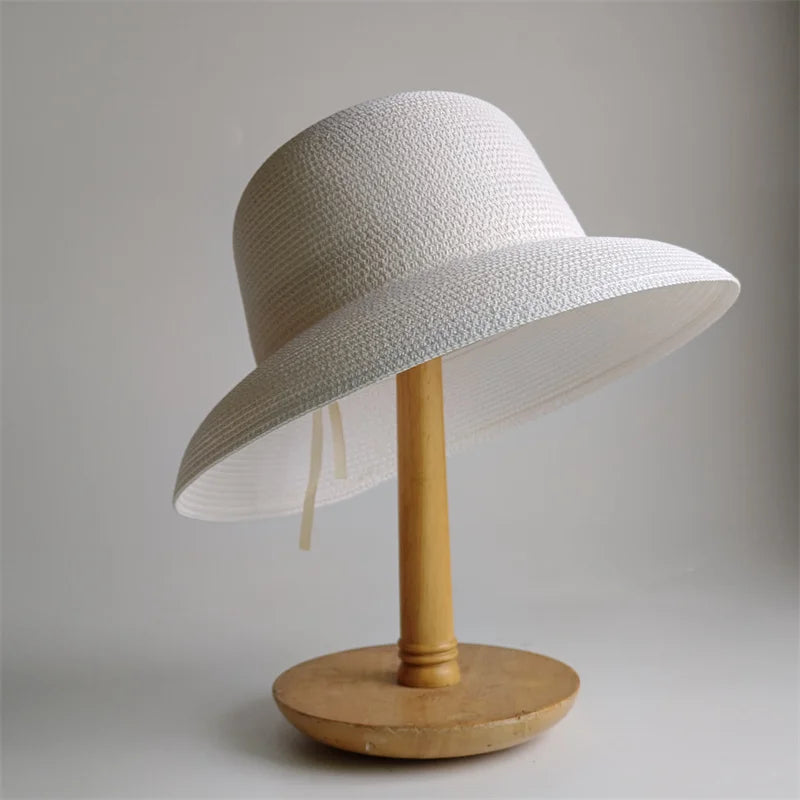 Panama Straw Floppy Sun Hat — Black With Ivory Ribbon | KIMLUD