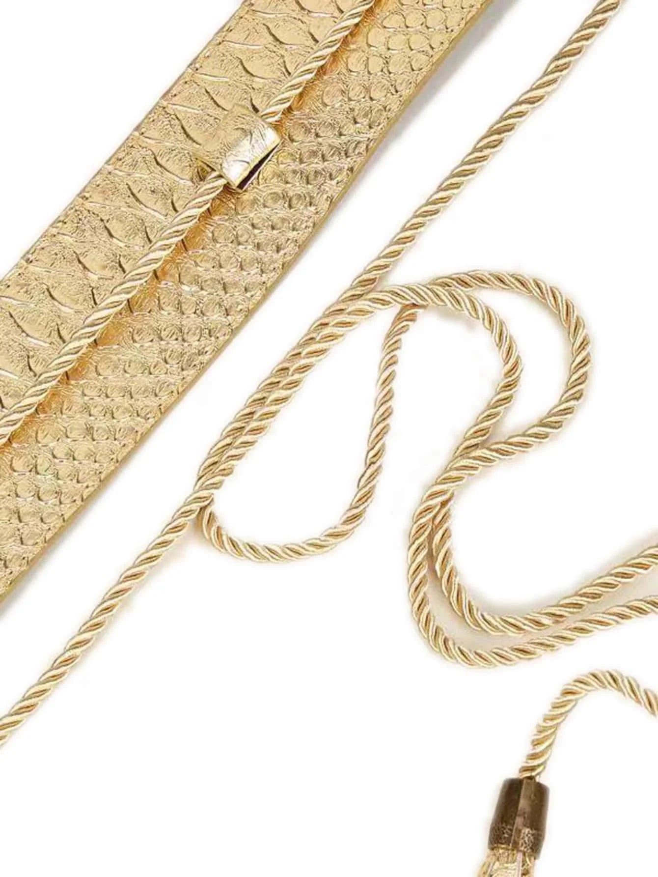 Tassel Decor Wide Belt Polyester PU — Gold | KIMLUD