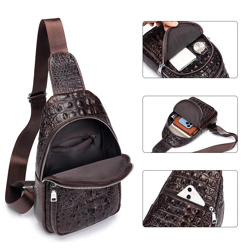 Genuine Leather Crossbody Bag Vintage Crocodile Pattern — Cognac | KIMLUD