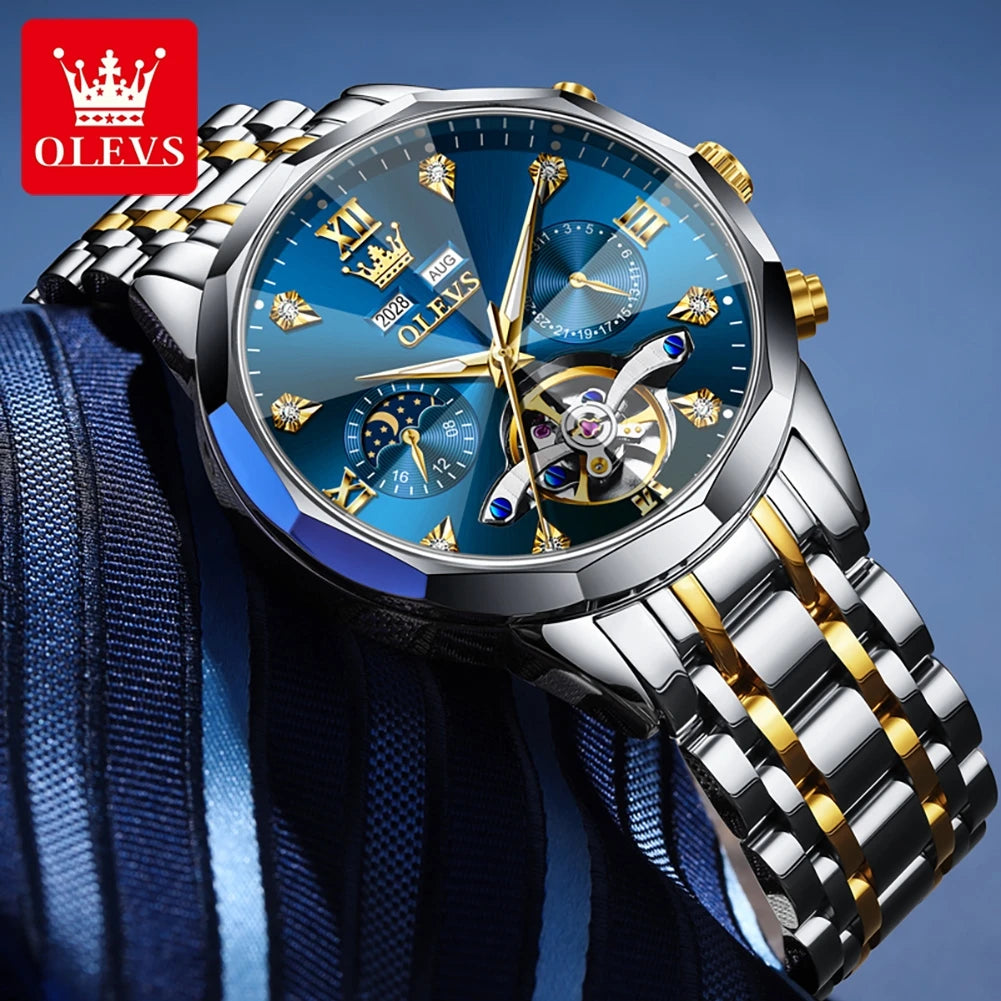 OLEVS Original Brand Men's Watches Skeleton Luminous Moon Phase Automatic Mechanical Watch Prism Mirror Fashion Top Wristwatch