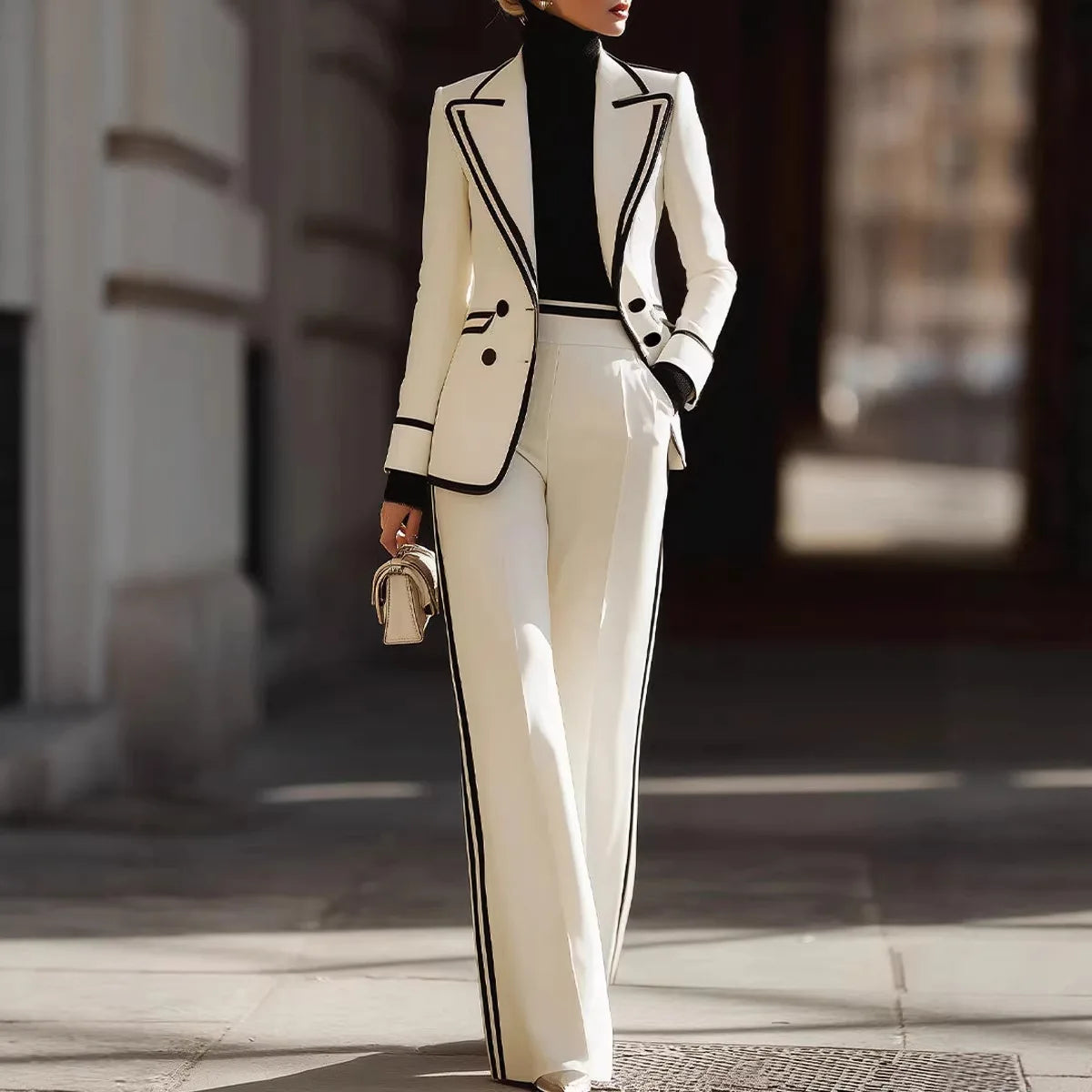 Laminated Polyester Suit Set With Lapel Double Breasted Finishes — White | KIMLUD