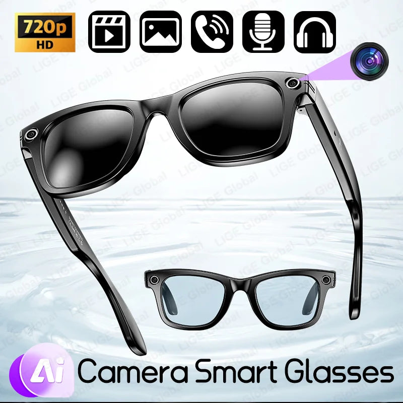 LIGE Camera Smart Sunglasses Video Recording AI Photo Recognition Eyeglasses Wireless Bluetooth Call Glasses Sports Headphones