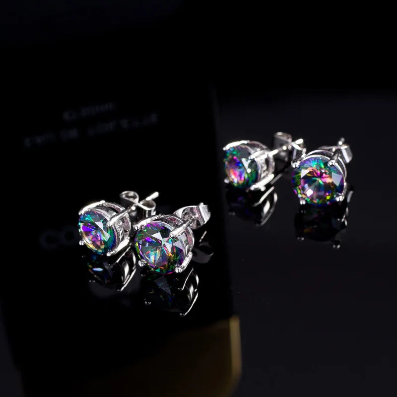 Rainbow Crystal Zircon Stud Earrings 5/6/7/8mm Round Stones — Silver | KIMLUD