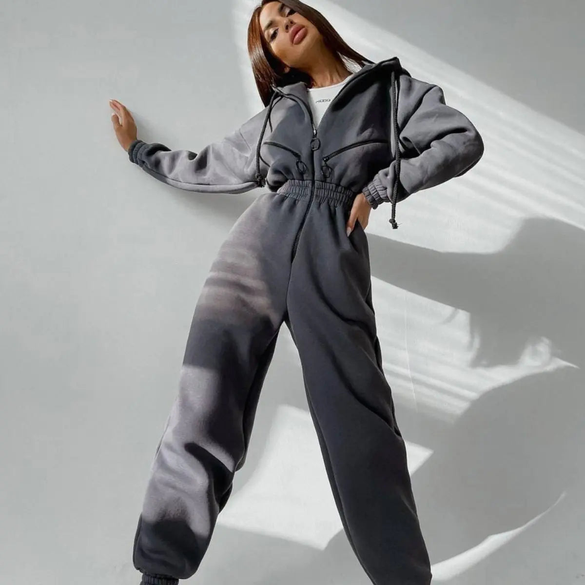 Casual Hooded Jumpsuit Long Sleeve — Black | KIMLUD