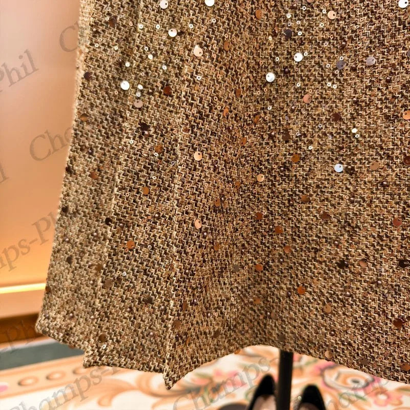 Shiny Sequins Refinement Original Light Luxury Designer Elegant Temperament Slim Fashion Waist Dress Temperament Commuting Coat