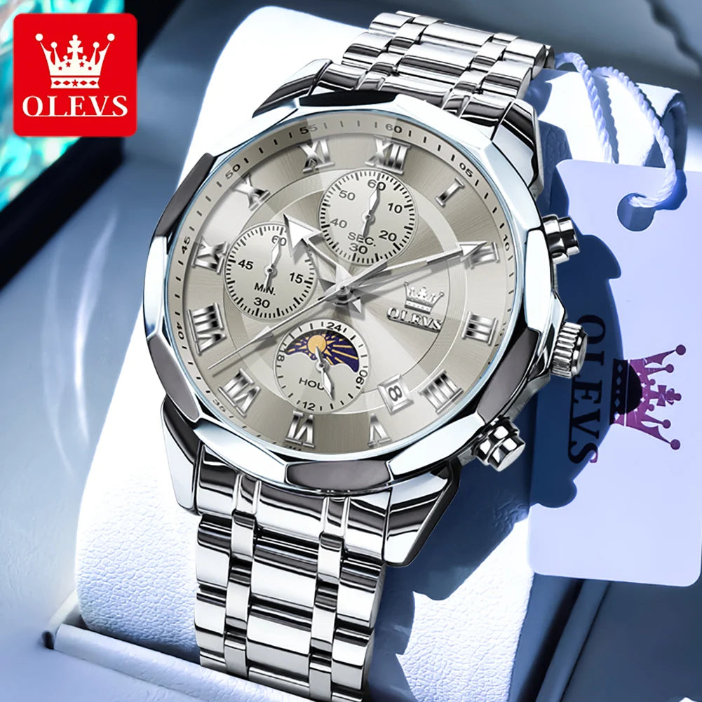 OLEVS 3675 Mens Watch Original Business Brand Quartz Watch Multifunctional Chronograph Waterproof Moon Phase Watch For Man New