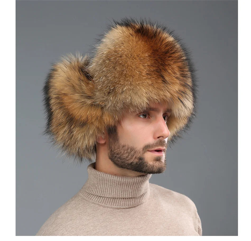 New Winter Men's 100% Real Silver Fox Fur Bomber Hat Raccoon Fur Ushanka Cap Trapper Russian Man Ski Hats Caps Real Leather Hat