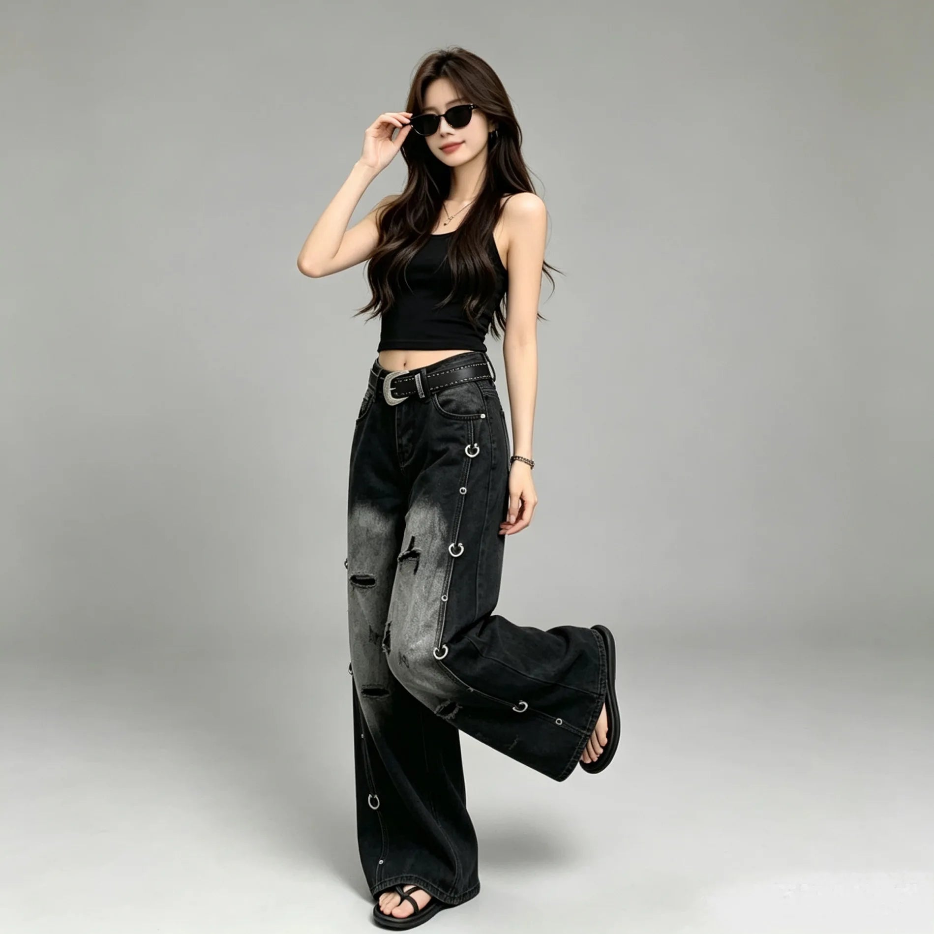 Rivet Washed Pants And Leggings Denim Wide Leg — Indigo | KIMLUD