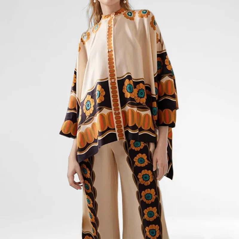 Two Piece Set – Irregular Geometric Print – Wide Leg – | KIMLUD