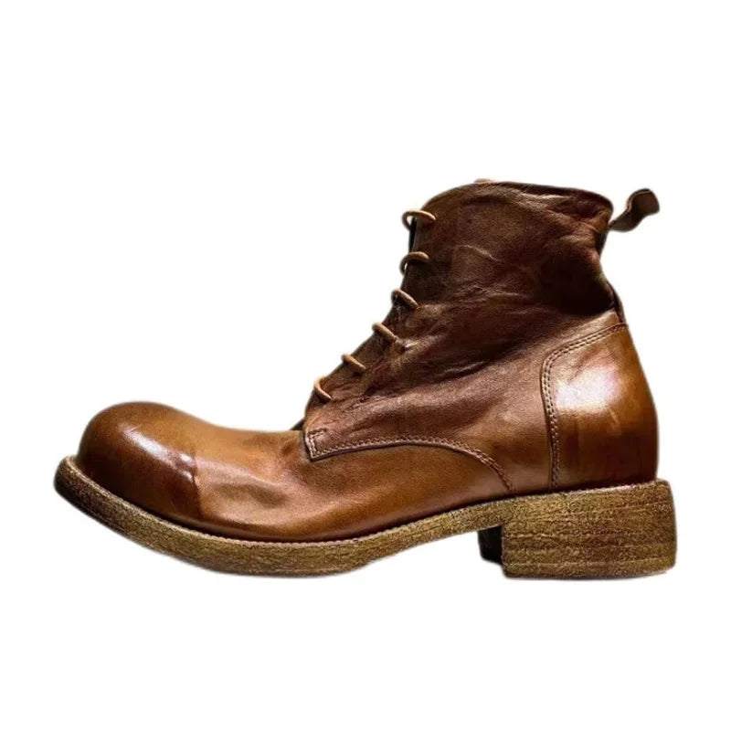 Washed Men's High Top Retro Leather Thick Soled High Rise Short Leather Boots GoodyearHorse Leather Shoes Worn