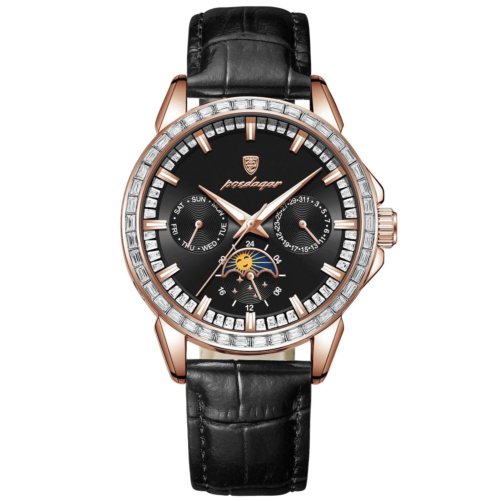POEDAGAR Luxury Diamond Wristwatch For Men Date Week Waterproof Luminous Man Watch Fashion Business Leather Men's Quartz Watches