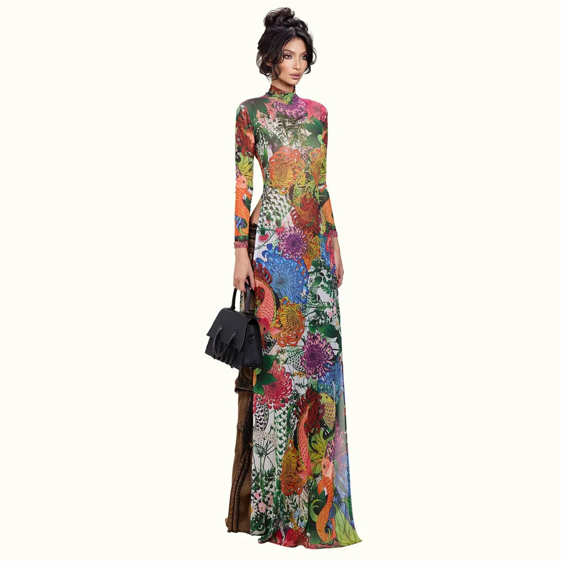 Mesh Maxi Top With High Collar Plant Print Open Split And Sheer Overlay — Black | KIMLUD