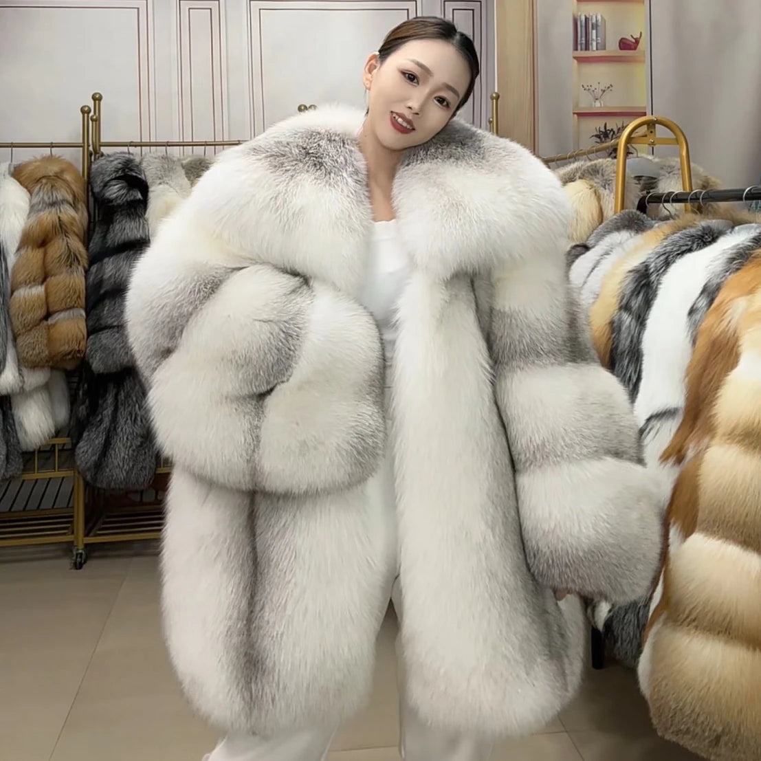 Coat – Fox Fur Collar – Silk | KIMLUD