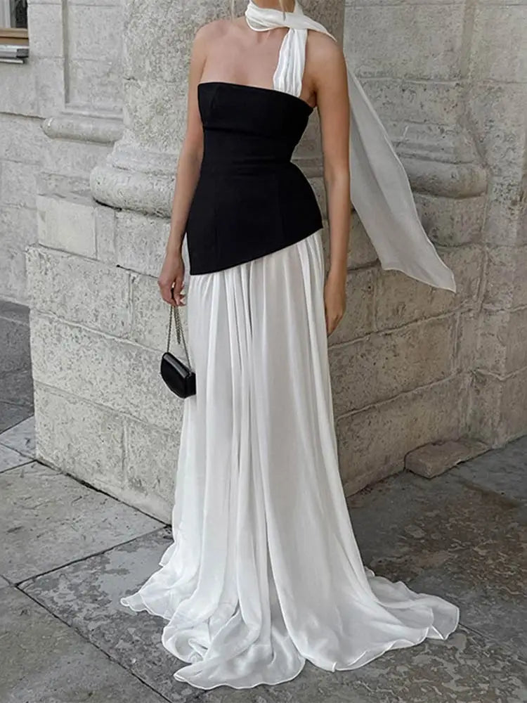 Elegant Color Blocking Ribbon Long Dress Fashion Off Shoulder High Waist Slim Patchwork Ruff Maxi Robes Lady Evening Party Dress