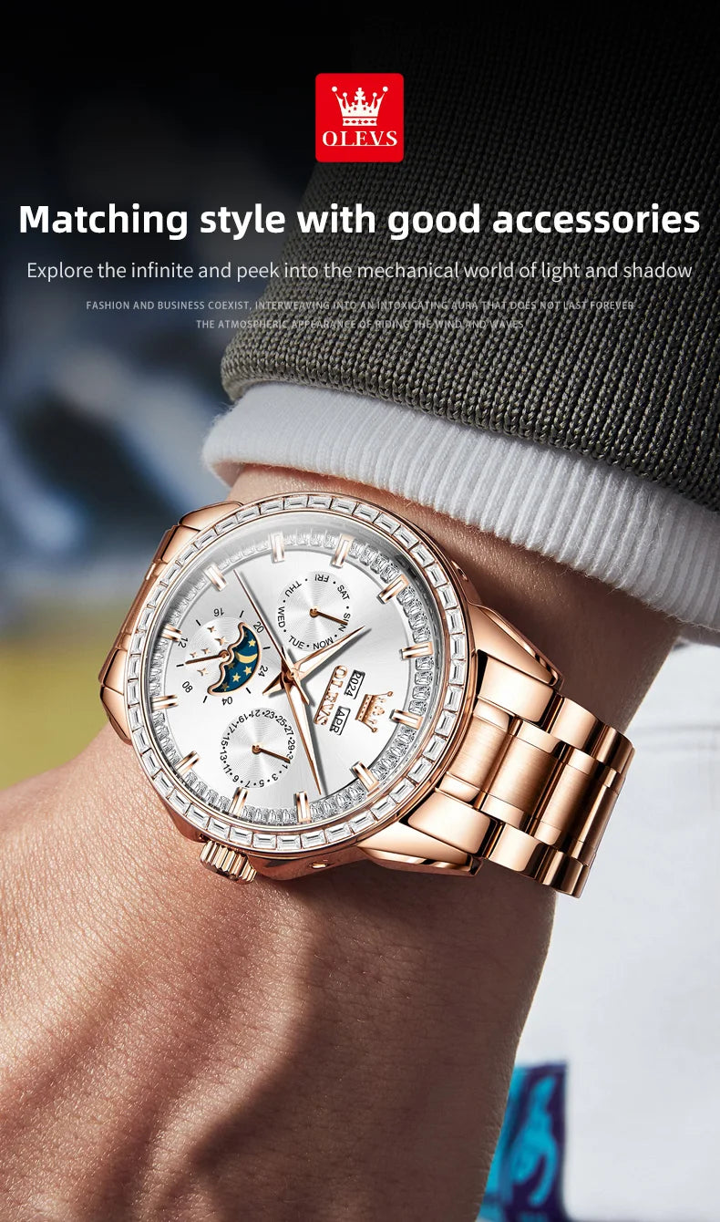 Moon Phase Automatic Rose-Gold Tone Stainless Steel Watch — Cobalt Blue | KIMLUD