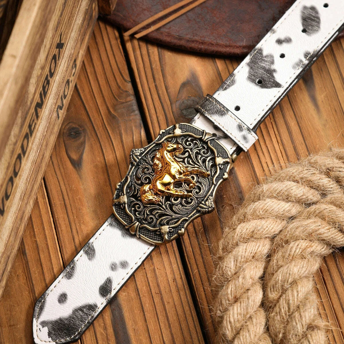 KIMLUD, A unisex Western-style, individualistic and retro belt, a brown (random pattern) PU belt (with perforated nails), KIMLUD Womens Clothes