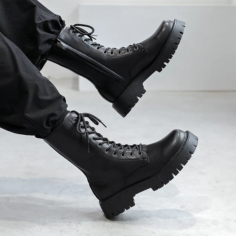 2025New Men's High-top Boots Punk Style Motorcycle Boots Classic Black Casual Leather Boot Lace Up Mid-Calf Platform Boots Botas