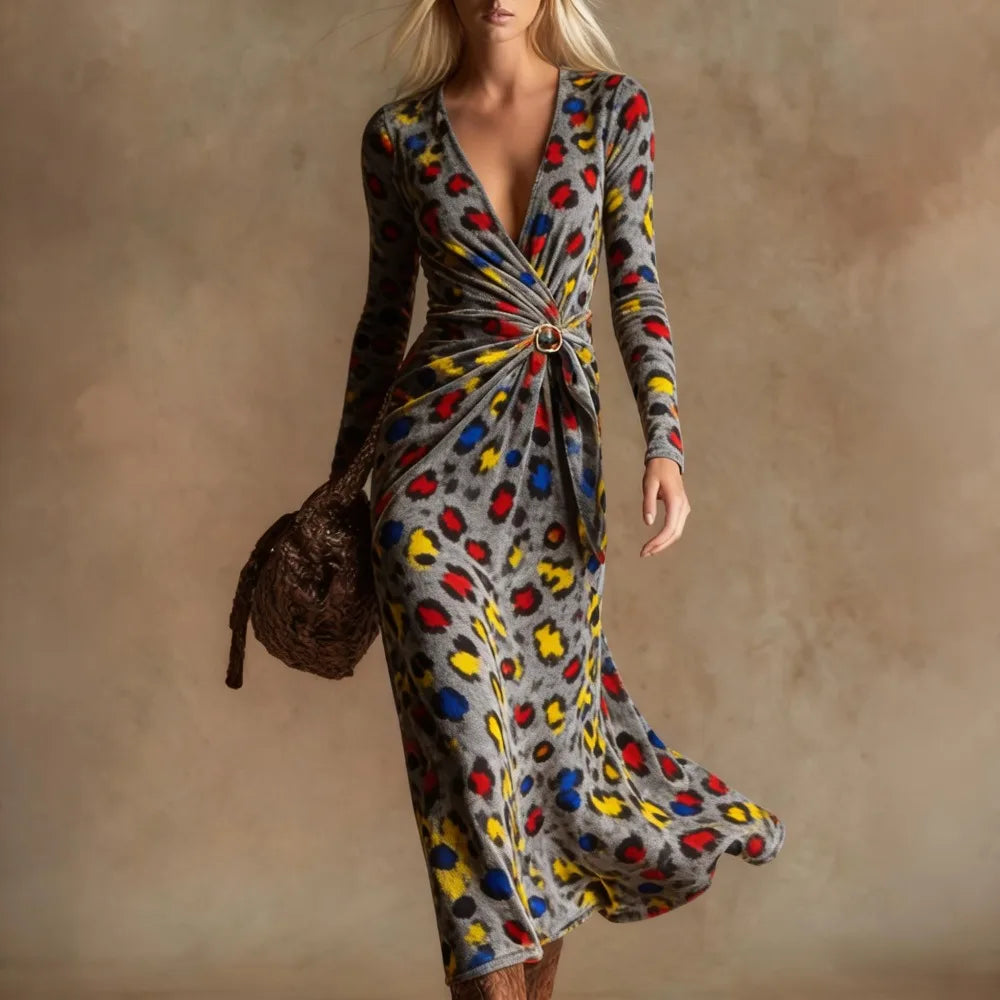 Leopard Print Maxi Dress – Twist Front – Polyester – Leopard | KIMLUD