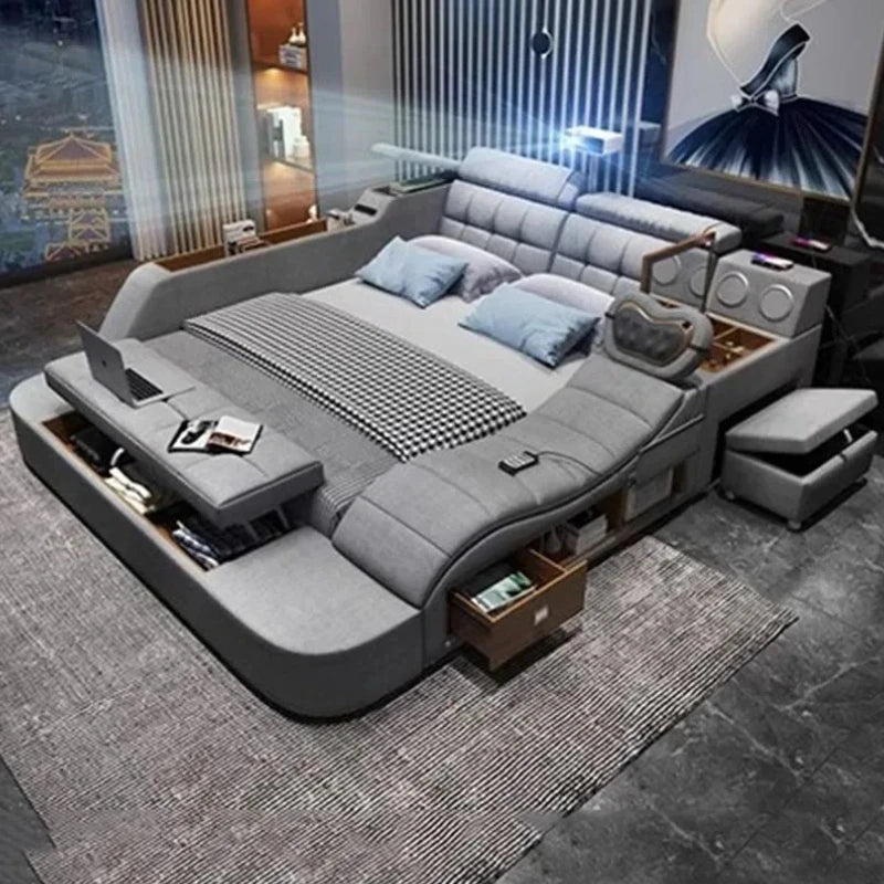 Modern Aesthetic Double Bed Multifonction Storage Salon King Double Bed Luxury Smart Lit Intelligent Multifonctions Furniture
