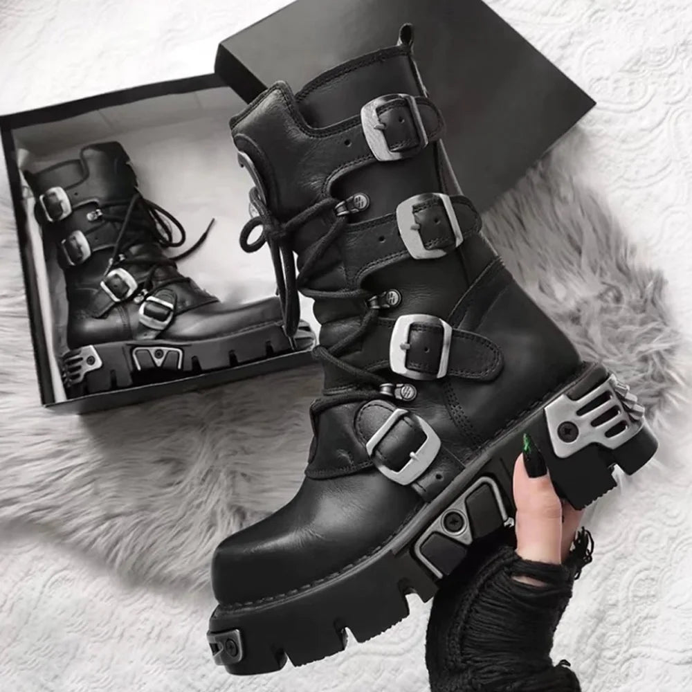 Genuine Leather Motorcycle Boots Goth Skull Embellishment With Metal Hardware — Black | KIMLUD
