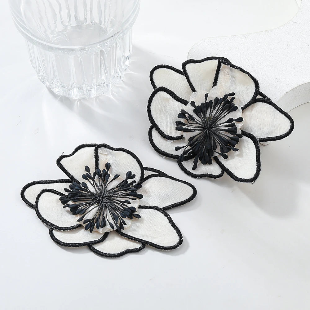 Large Flower Earrings Embroidered — White | KIMLUD