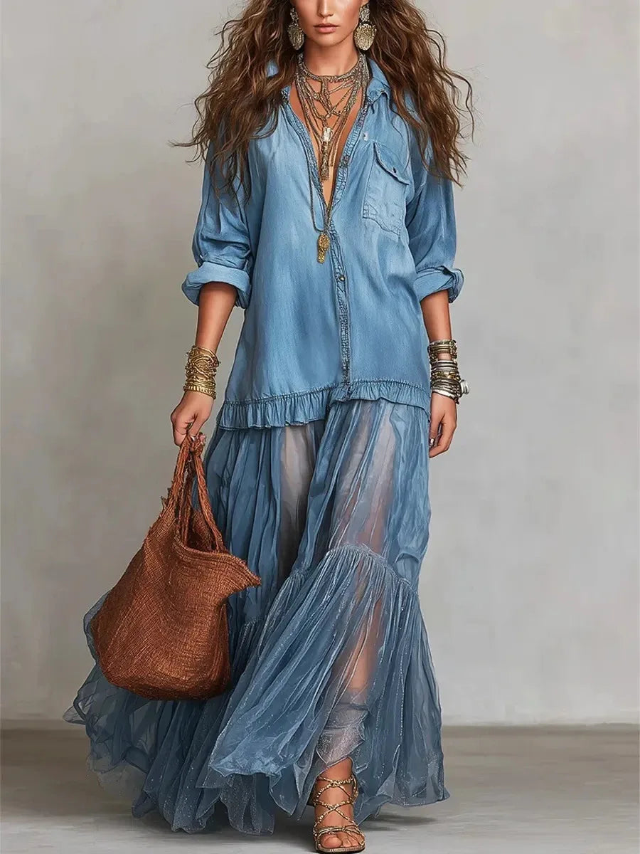 Organza Hem And Mesh Splice Dresses Polyester Maxi - Blue | KIMLUD