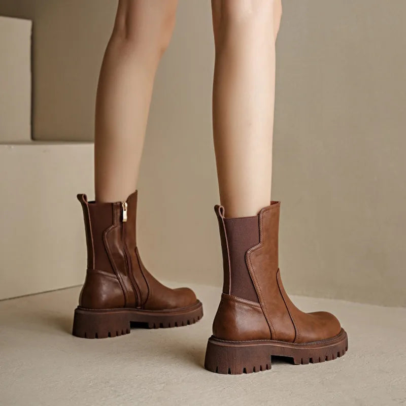 Women's Half High Boots Brown Round Toe Ladies Mid Calf Shoes Chelsea Flat Comfortable and Elegant Winter 2024 Novelty Cosplay
