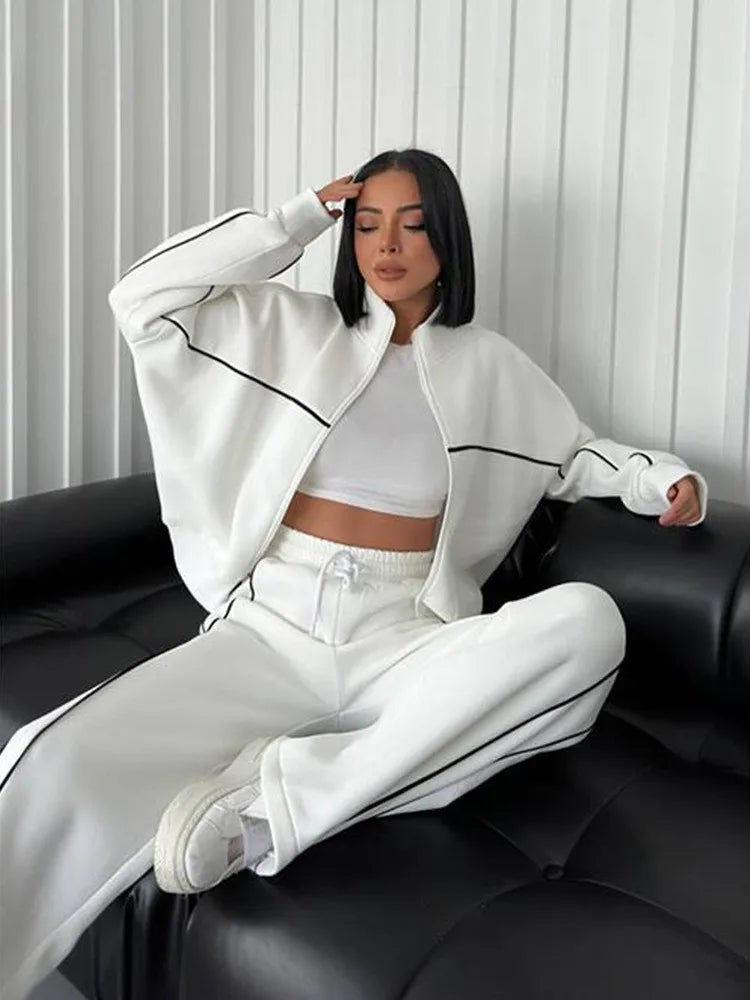 Lace-Up Cardigan Sweatshirt Two-Piece Set Lace-Up Trim — Cream-Ivory | KIMLUD