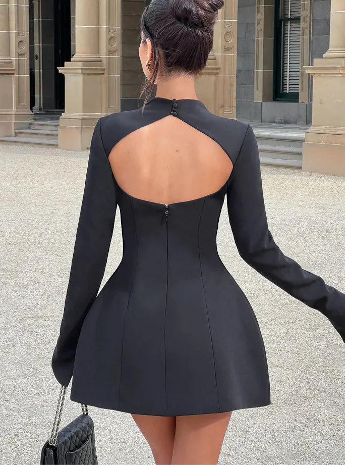 A-Line Dress Backless High Waist Long Sleeves — Black | KIMLUD