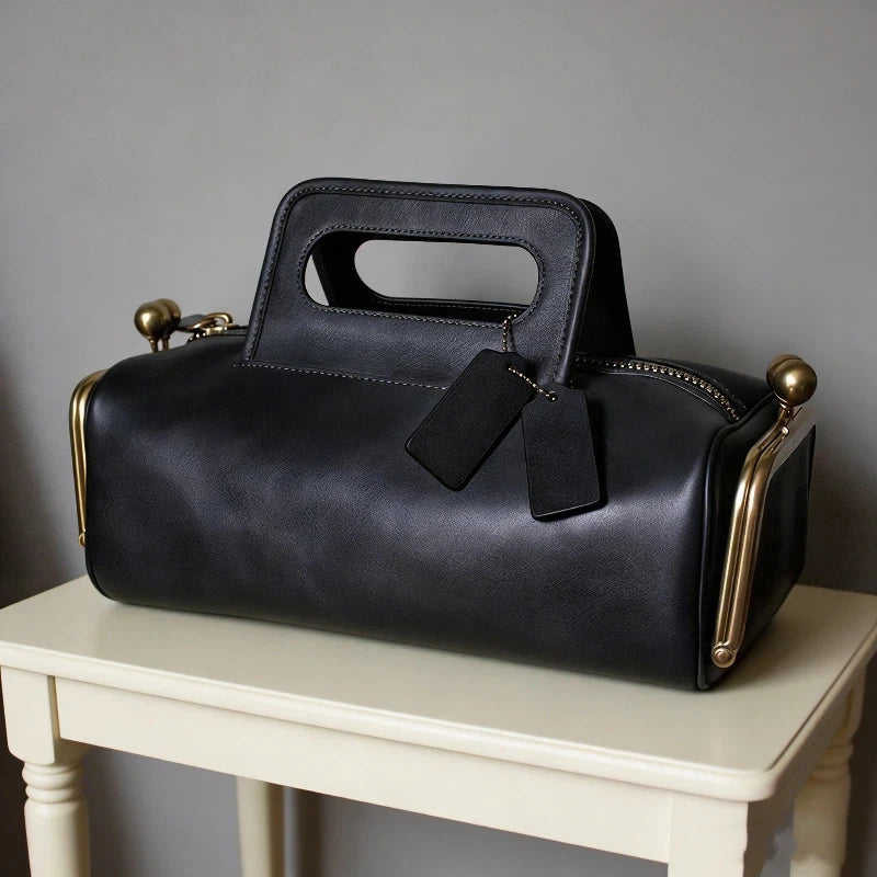 Polyester Solid Retro Clip Handbag — Black | KIMLUD