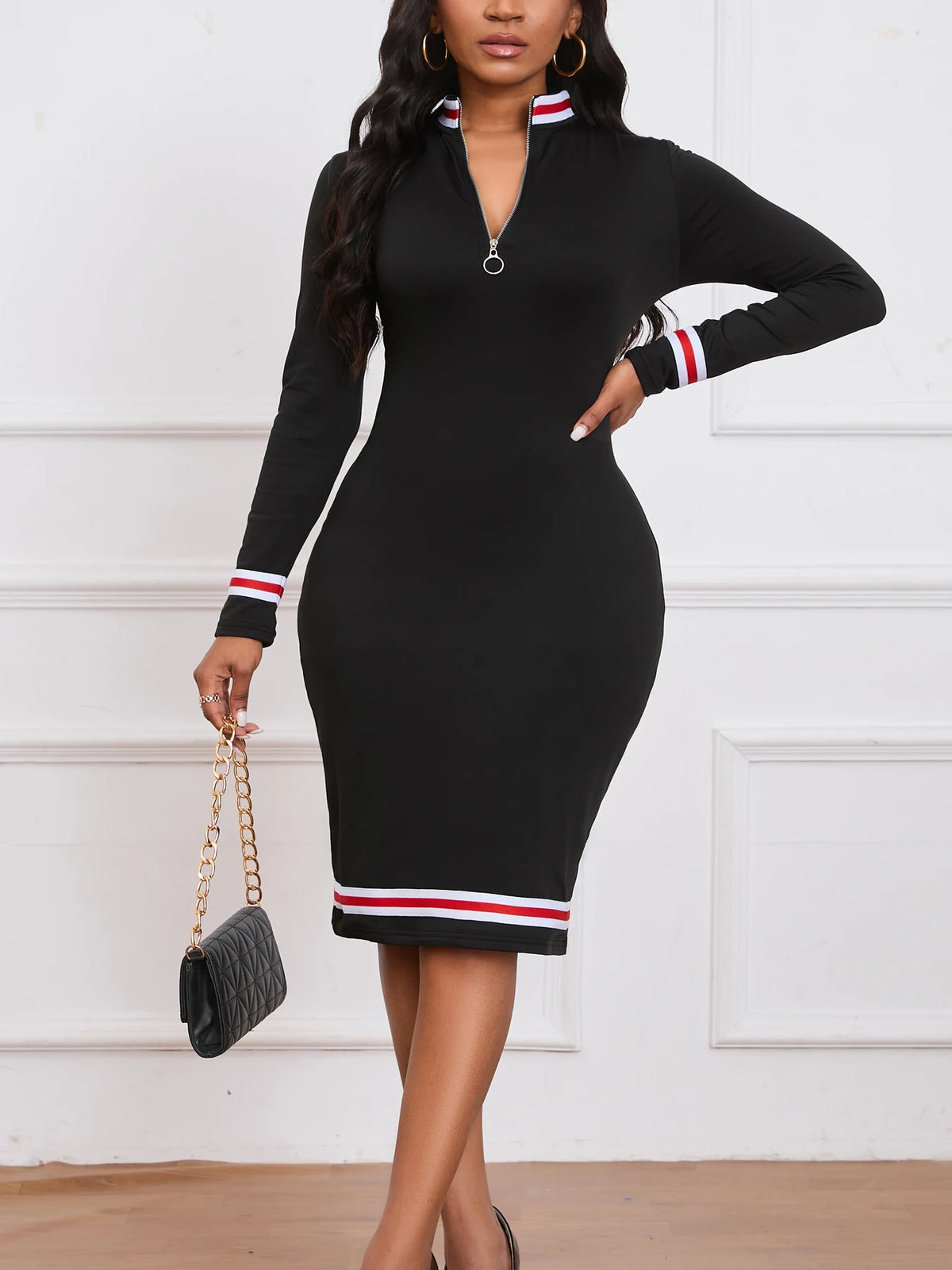 Pencil Dress – Turtleneck Zipper – Polyester | KIMLUD
