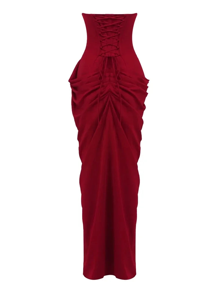Dresses – Strapless Backless Lace-Up Ruched – Polyester | KIMLUD