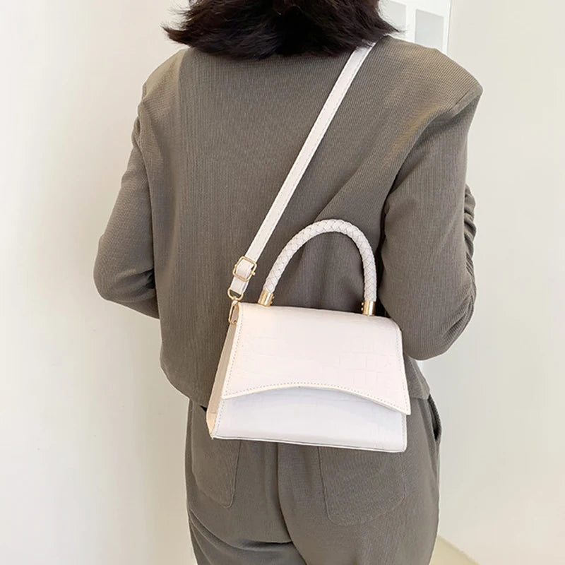PU Leather Shoulder Bag Croc-Embossed Stone Pattern — Black | KIMLUD