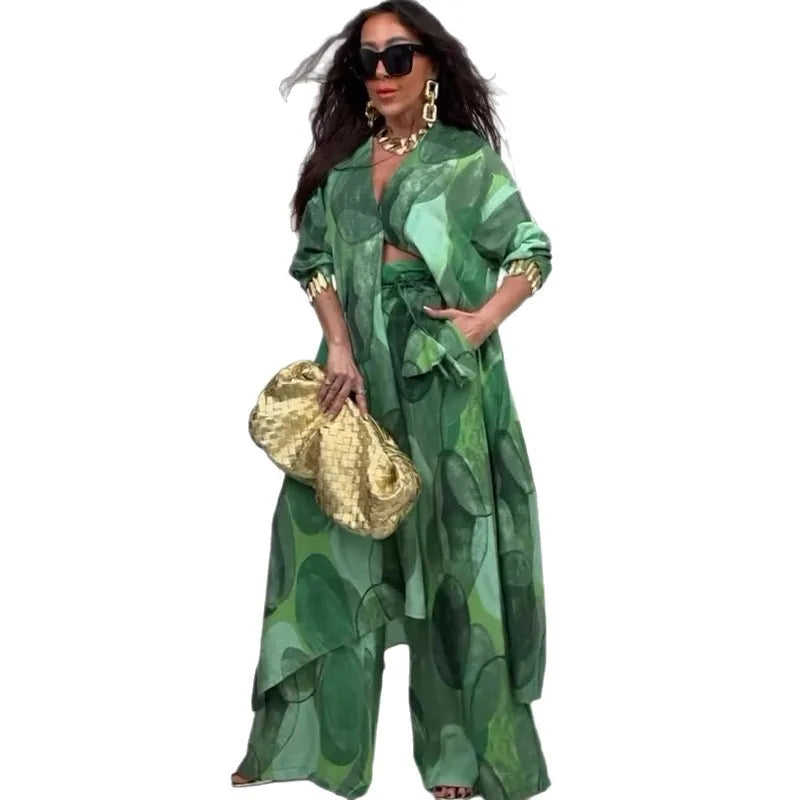 Two-Piece Pant Set – Print Cardigan and Shirt – Cotton Linen | KIMLUD
