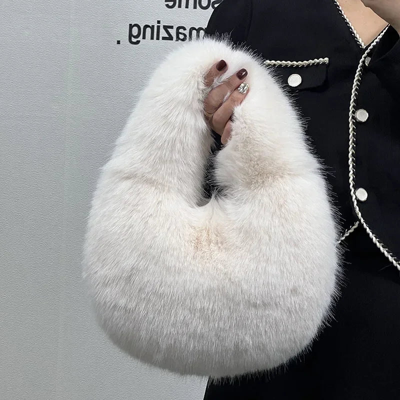 Soft Plush Women's Small Handbags Simple Faux Fur Female Fluffy Clutch Purse Winter Fashion Furry Tote Solid Color Shoulder Bags