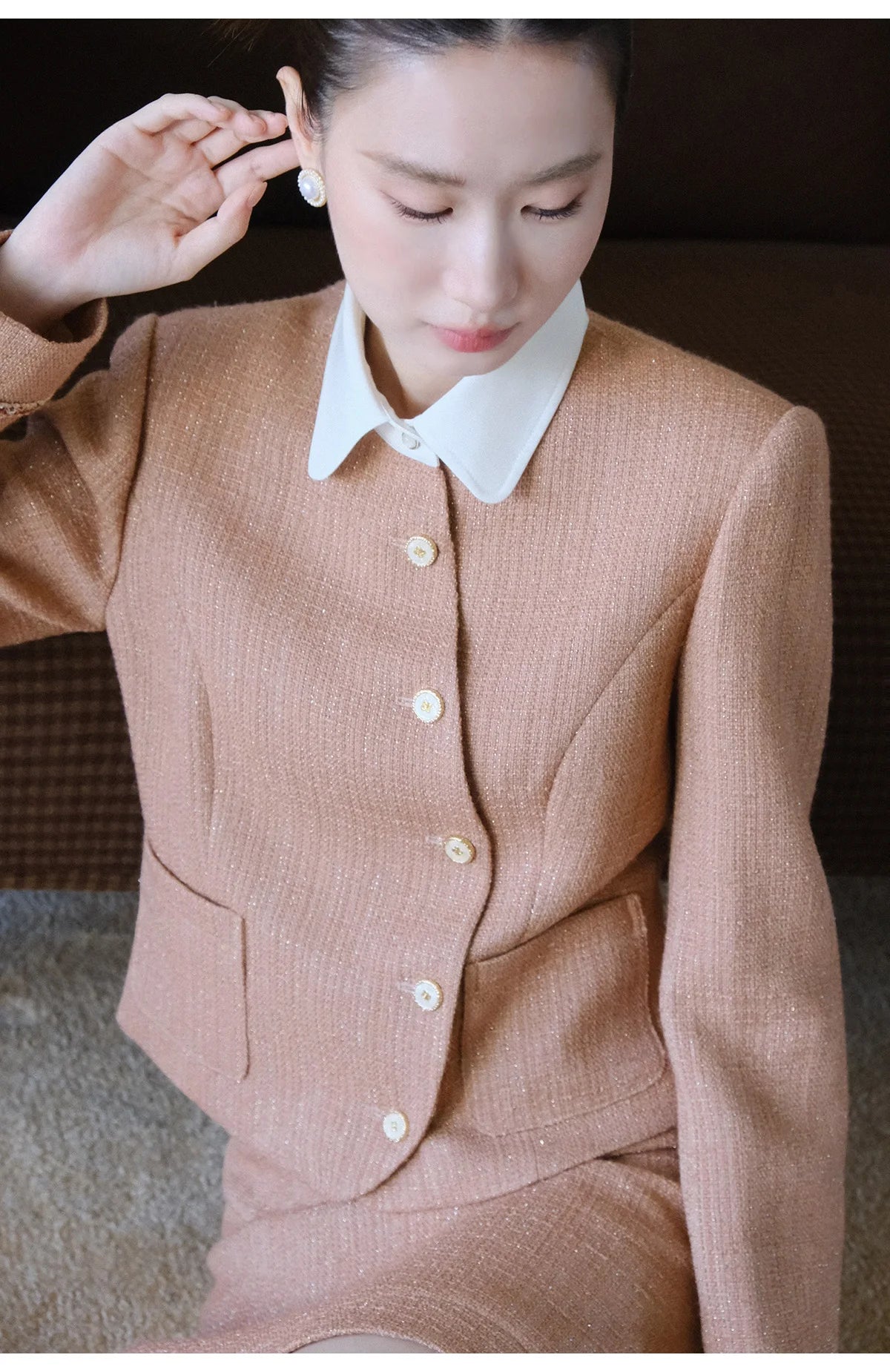 XXNING Luxury Faion Set Women's Autumn Winter ort Coat Skirt Two-Piece Suit Ele Lady Sle  Knot Design