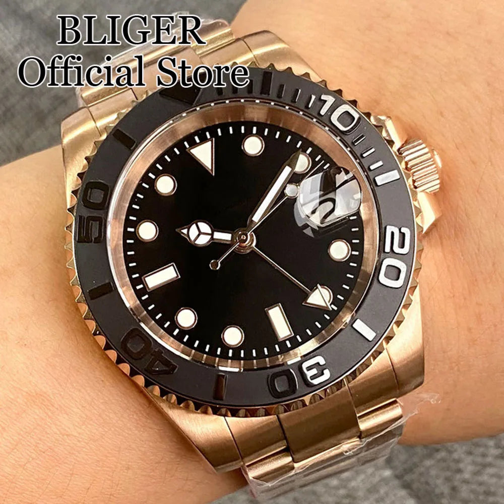 20ATM Waterproof 40mm Rose Gold NH34 GMT Automatic Watch For Men Steel Strap Ceramics Bezel Sapphire Glass Luminous
