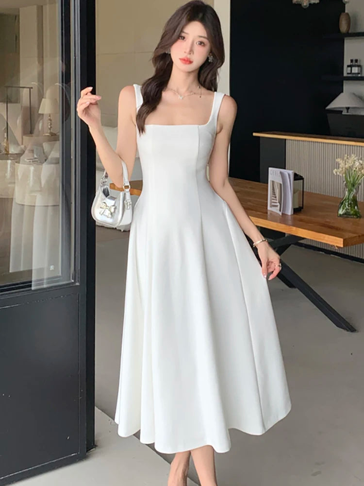 Square-Collar Bodycon Midi Dress Long — White | KIMLUD