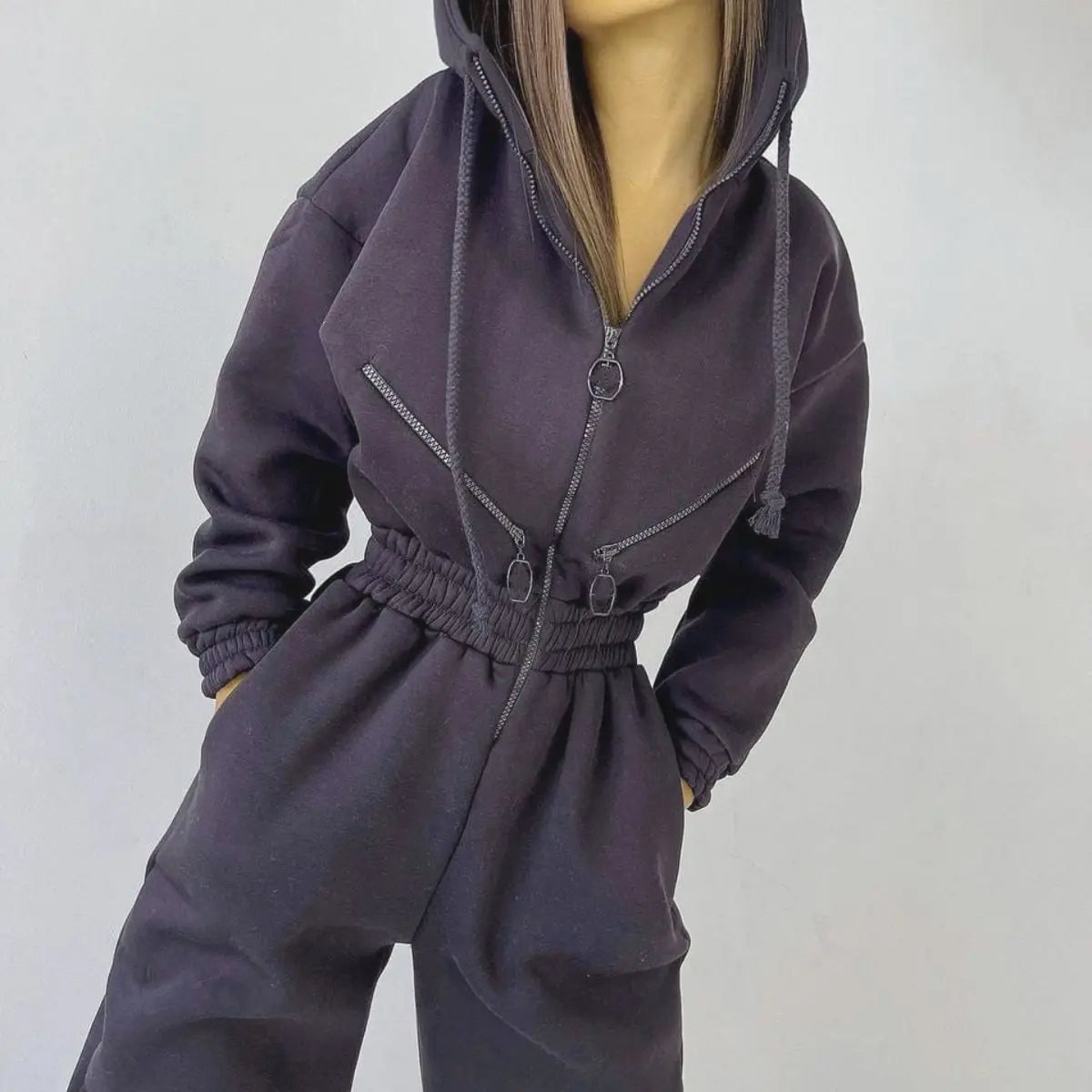 Casual Hooded Jumpsuit Long Sleeve — Black | KIMLUD