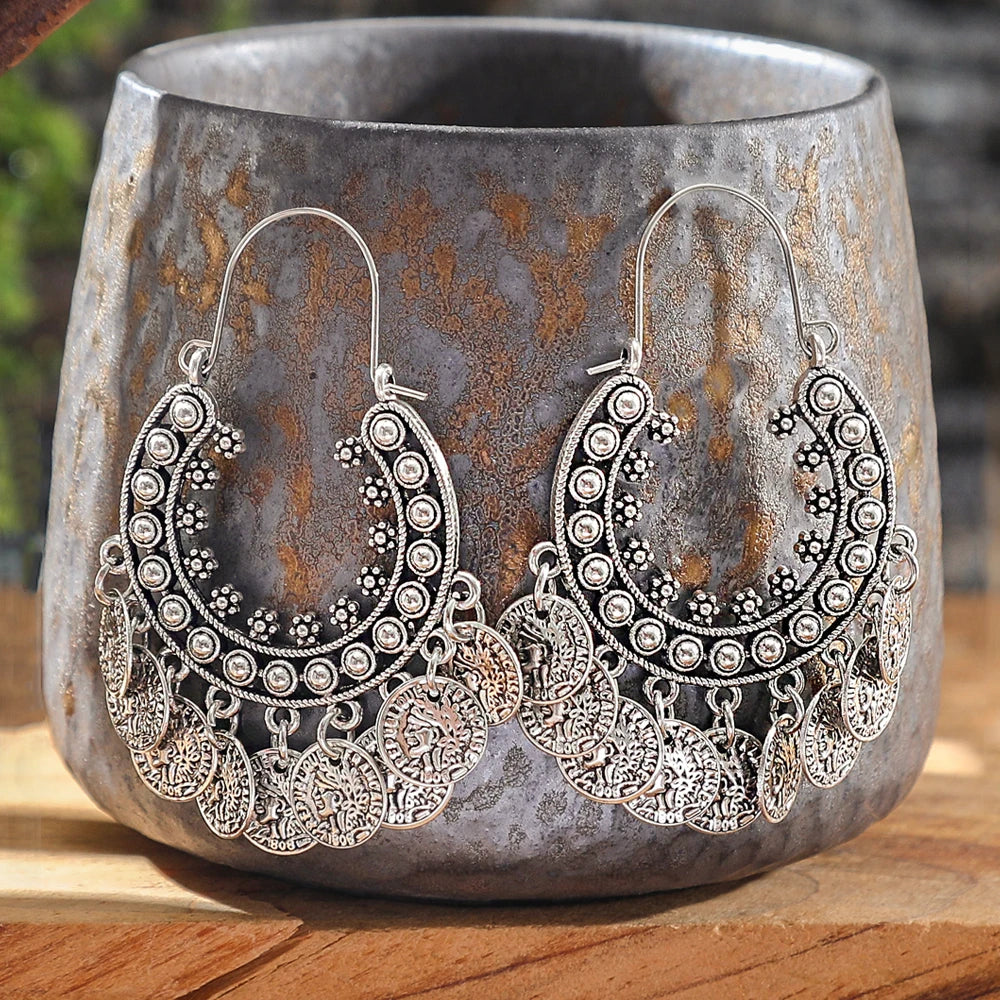 Tassel Drop Earrings – Crescent Moon Carving – Zinc Alloy – Silver | KIMLUD