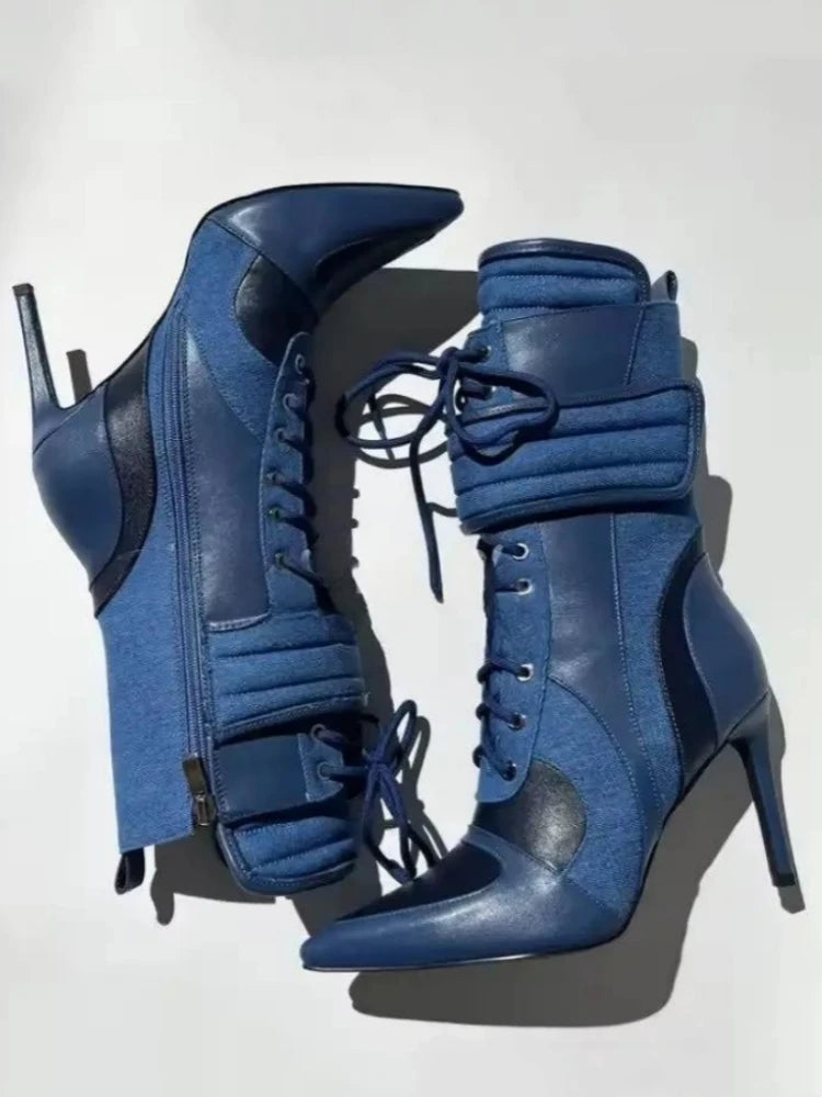 Ankle Boots – Color Block Lace Up – Pointed Toe Stiletto – PU | KIMLUD