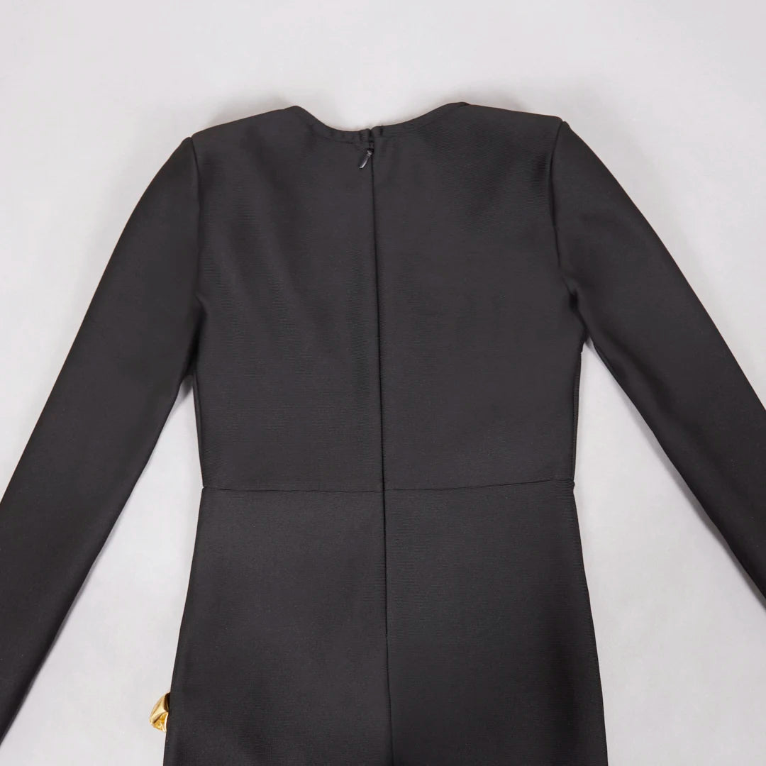 Bandage Bodycon Dress Long Sleeve Square Collar Gold Florals — Black | KIMLUD
