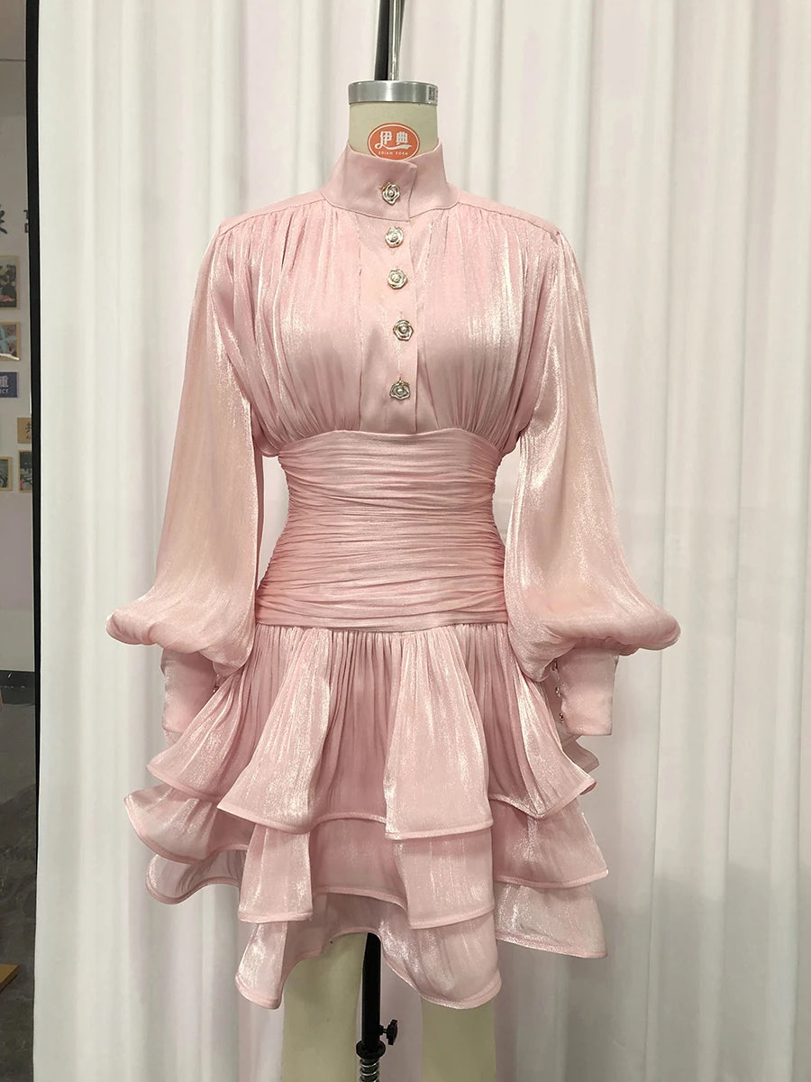 Elegant High Neck Organza Dresses Mini — Pink | KIMLUD