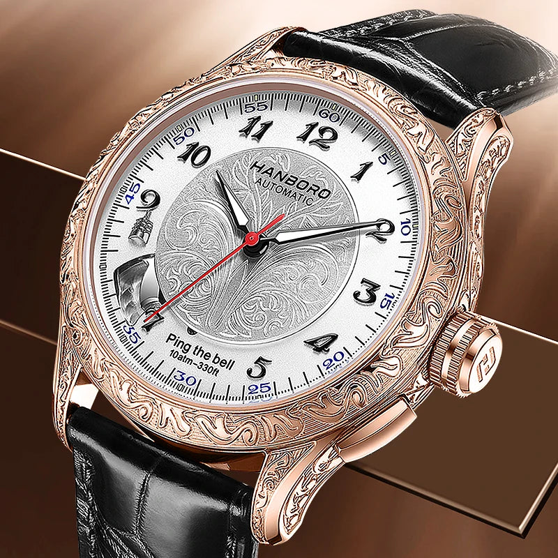 HANBORO Mechanical Alarm Watch Men Automatic Ping Bell Hourly Chime Luxury 100M Waterproof Sapphire Steel Business Unique