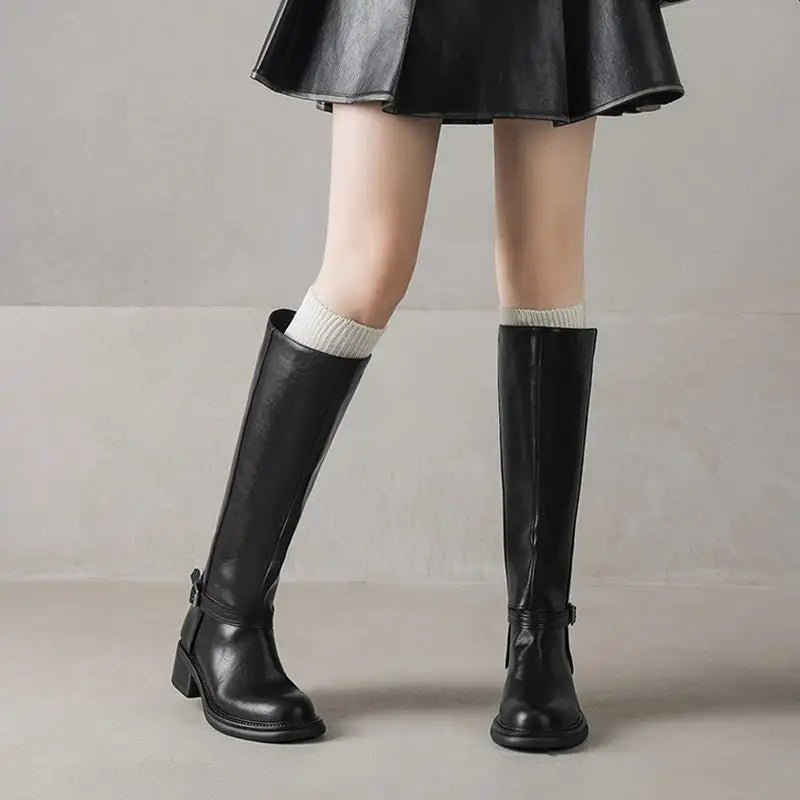 MORAZORA Genuine Leather Boots Women Square Mid Heels Black Brown Winter Boots Fashion Handmade Knee High Boots Ladies Shoes