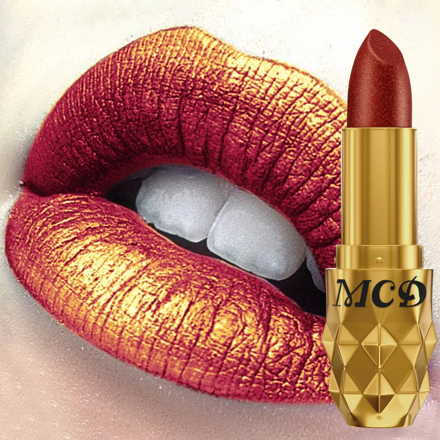 Pearlescent Metallic Lipstick Bold Glitter Long-Lasting Hydrating Comfort — Bronze-Gold | KIMLUD