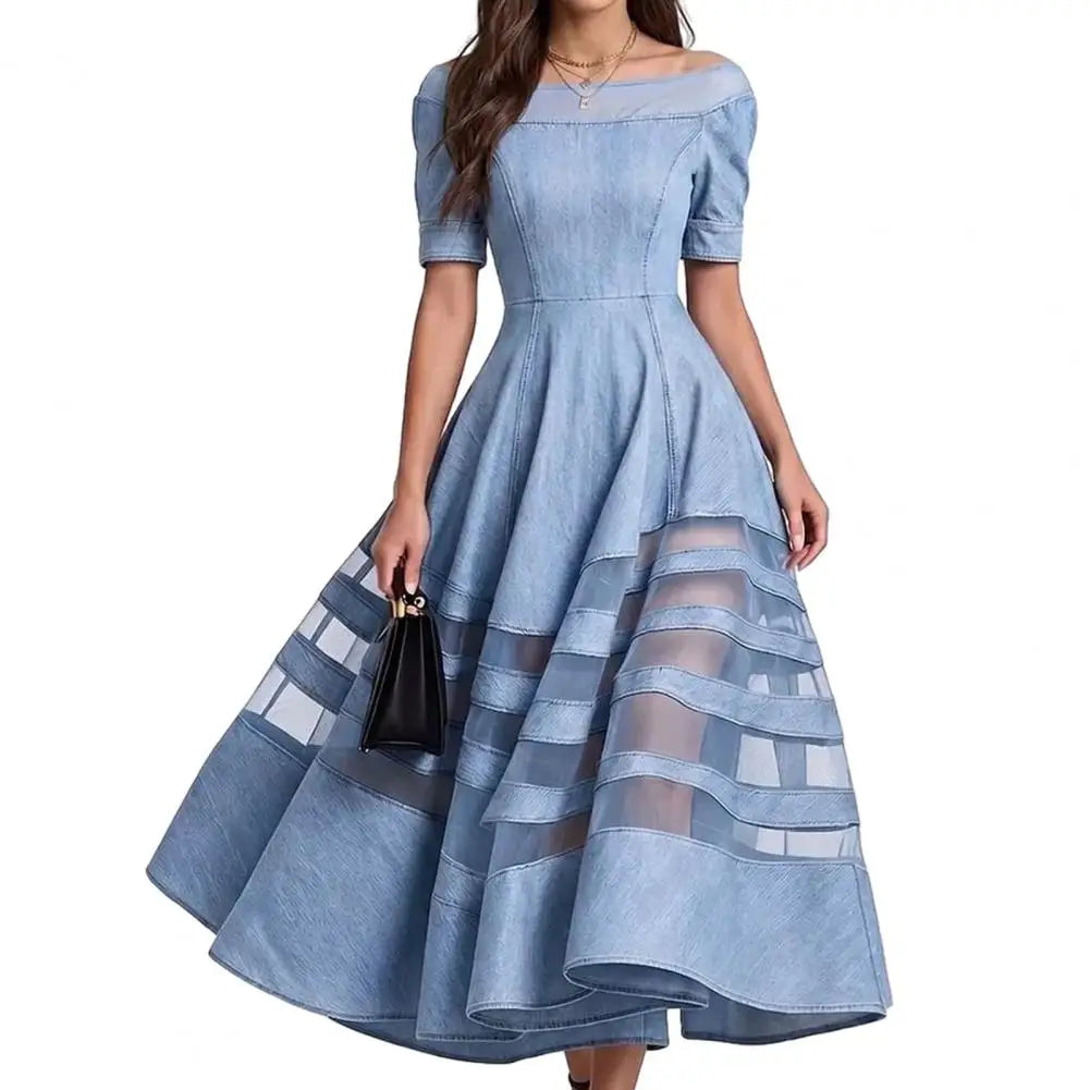 Polyester Patchwork Mesh Off Shoulder Dress — Blue | KIMLUD