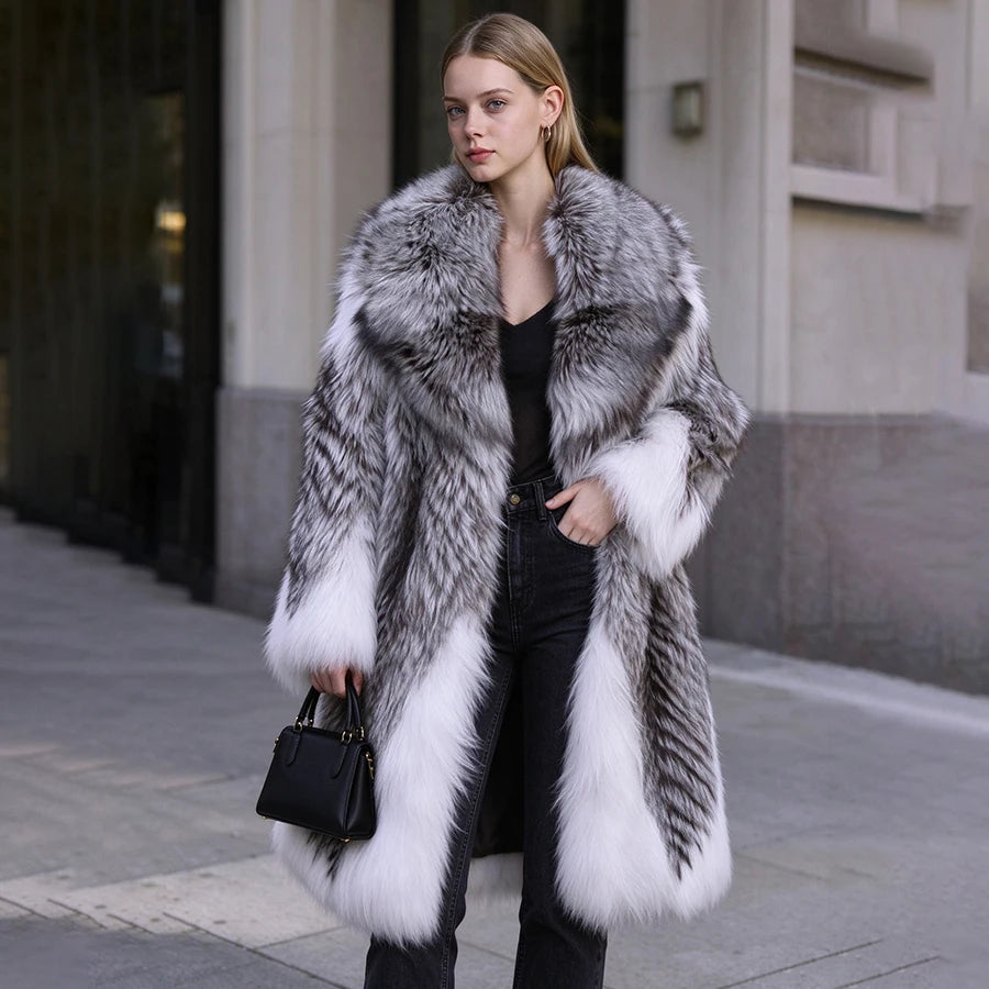 Fox Fur Coat – Turn-Down Collar – Fox Fur – Silver | KIMLUD