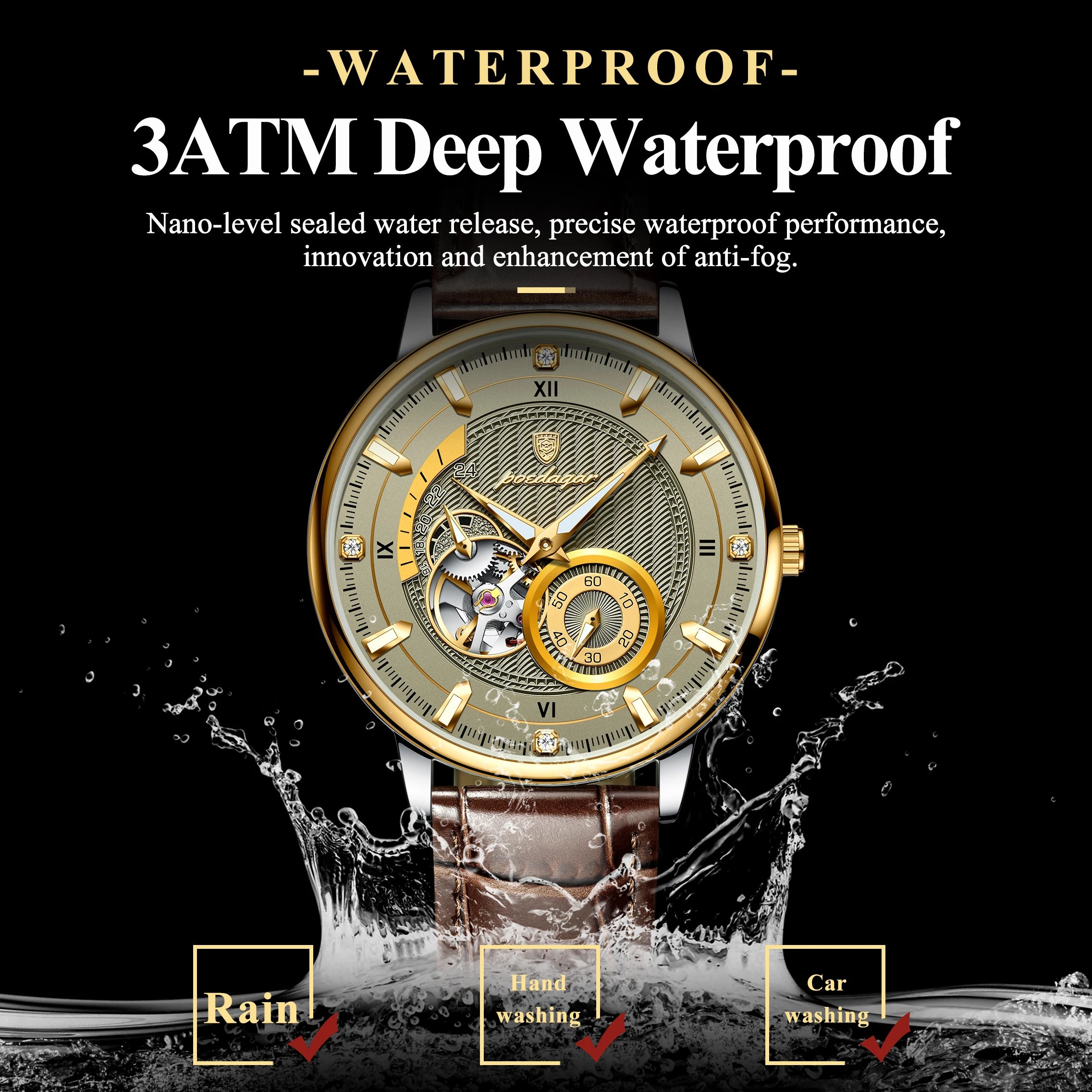 POEDAGAR Sports Luxury Men Clock Waterproof Luminous Man Watch Hollow Tourbillon Automatic Mechanical Leather Men's Watches Male